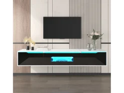 Mueble TV con 3 puertas y LED, mueble TV de pared, lacado en blanco y negro