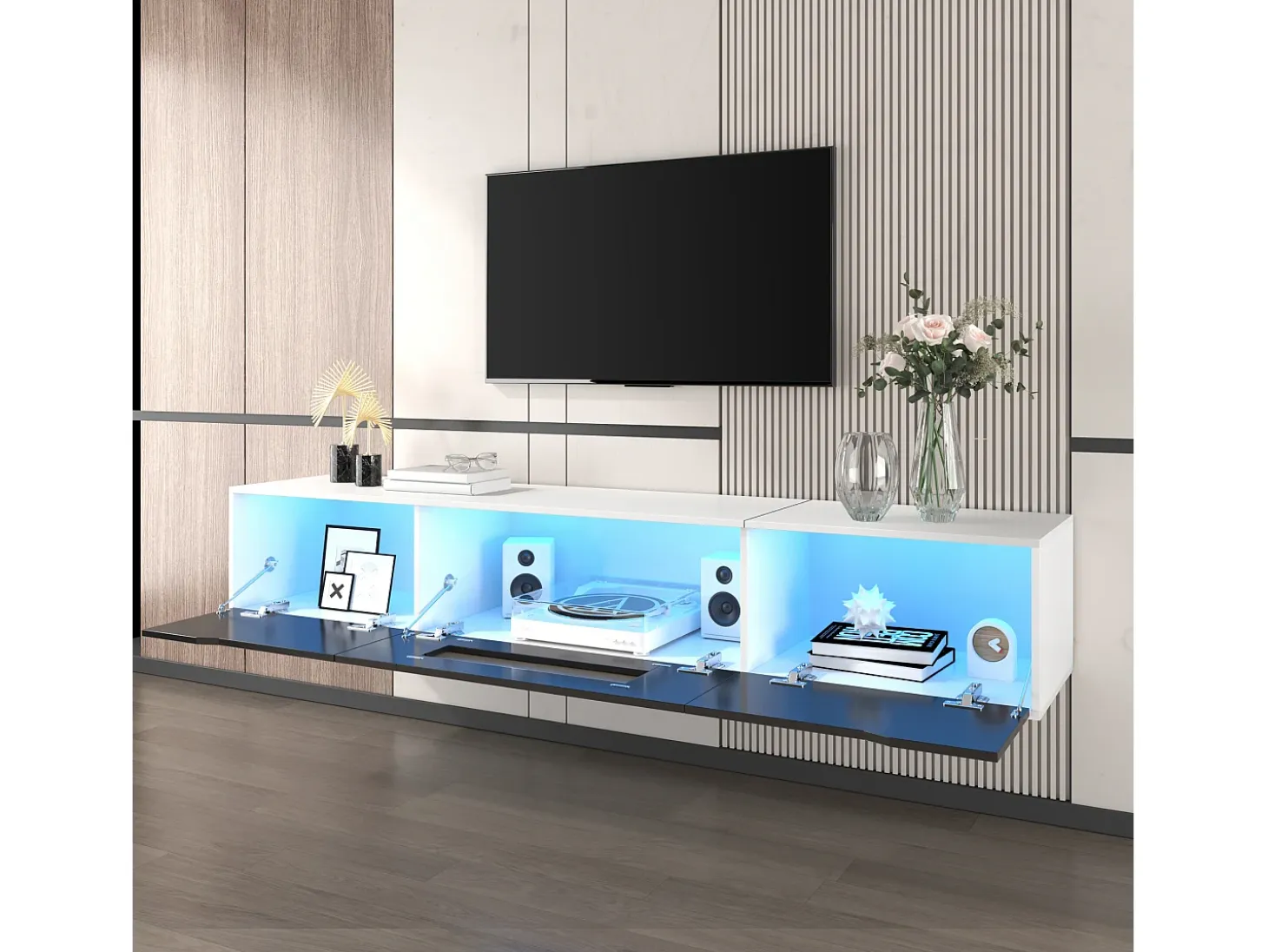 Mueble TV con 3 puertas y LED, mueble TV de pared, lacado en blanco y negro
