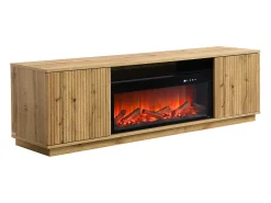 Mueble TV con 2 puertas y efecto chimenea LED en MDF - Natural y Negro - YEVINA