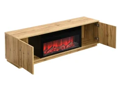 Mueble TV con 2 puertas y efecto chimenea LED en MDF - Natural y Negro - YEVINA