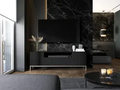 Mueble TV con 3 puertas y hueco abierto - Cuerpo Negro mate, frentes ranurados Negro mate - 150 cm, estructura metálica