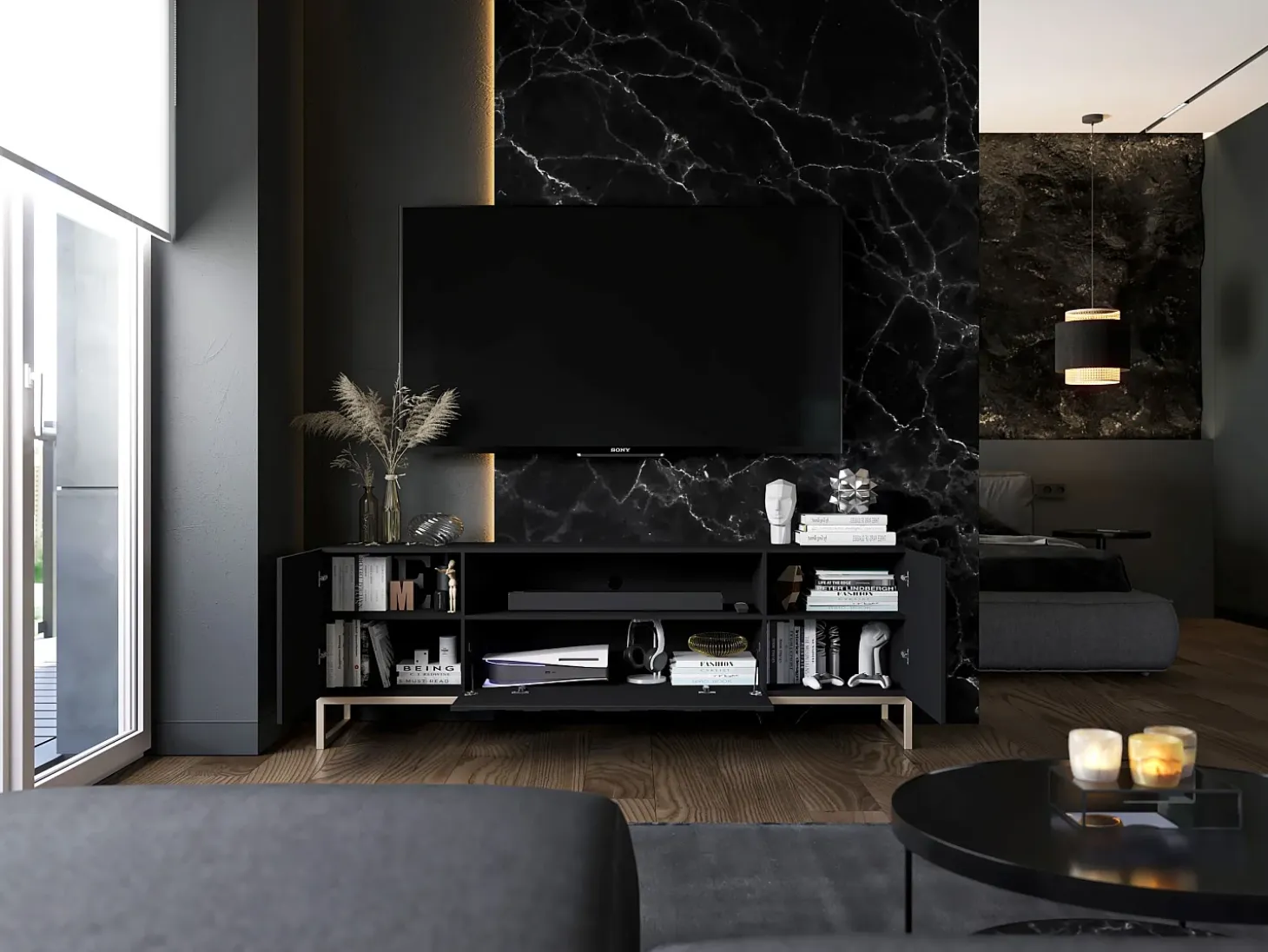Mueble TV con 3 puertas y hueco abierto - Cuerpo Negro mate, frentes ranurados Negro mate - 150 cm, estructura metálica