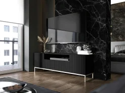 Mueble TV con 3 puertas y hueco abierto - Cuerpo Negro mate, frentes ranurados Negro mate - 150 cm, estructura metálica