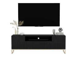 Mueble TV con 3 puertas y hueco abierto - Cuerpo Negro mate, frentes ranurados Negro mate - 150 cm, estructura metálica
