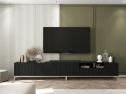 Mueble TV con 3 puertas y hueco abierto - Cuerpo Negro mate, frentes ranurados Negro mate - 150 cm, estructura metálica
