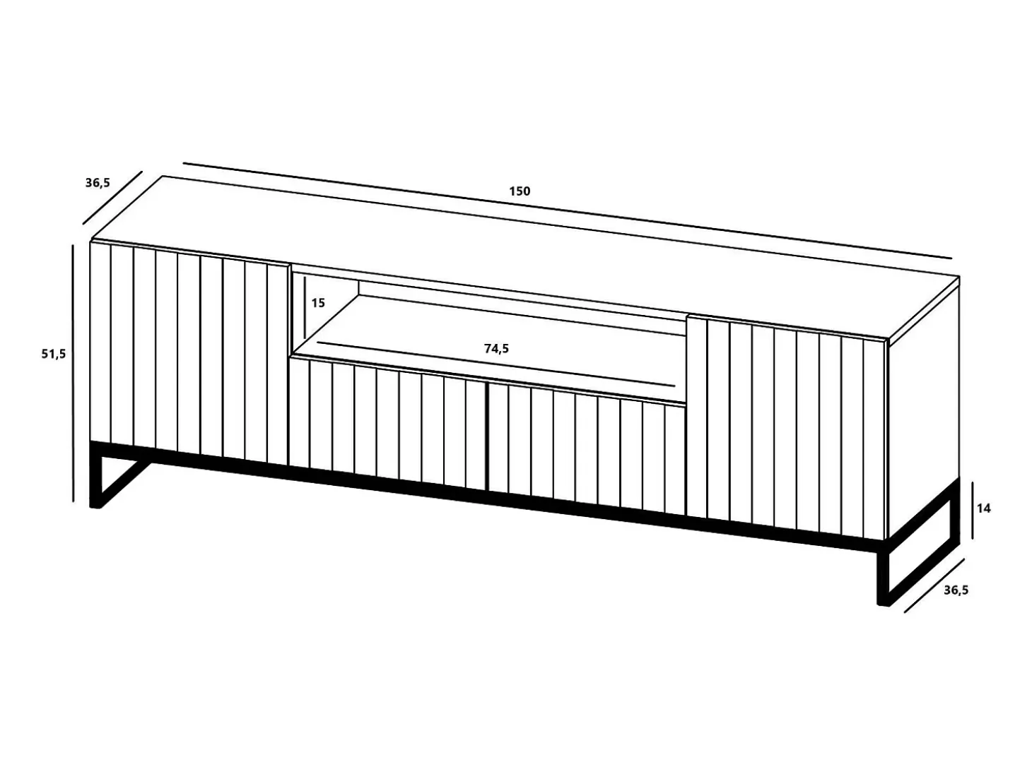 Mueble TV con 3 puertas y hueco abierto - Cuerpo Negro mate, frentes ranurados Negro mate - 150 cm, estructura metálica