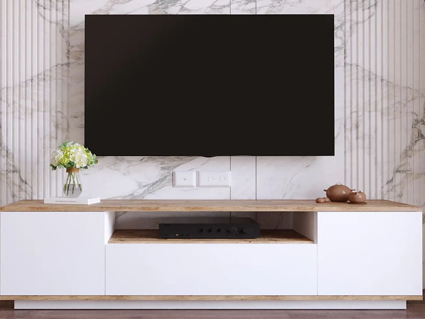 Mueble TV con 3 puertas y 1 hueco - Blanco y natural - LOTULA