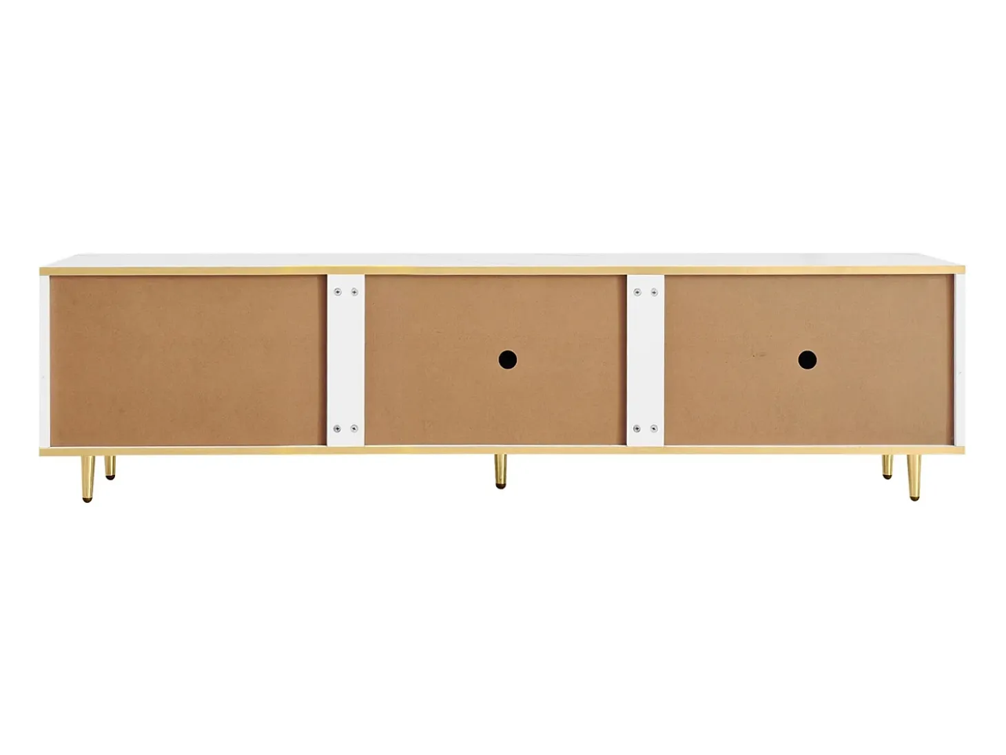 Mueble TV con almacenaje, 2 puertas y 2 cajones, mueble TV bajo, patas y tiradores dorados, color blanco
