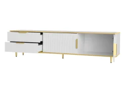Mueble TV con almacenaje, 2 puertas y 2 cajones, mueble TV bajo, patas y tiradores dorados, color blanco