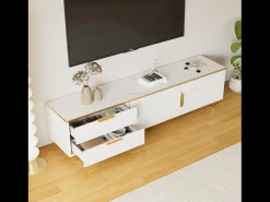 Mueble TV con almacenaje, 2 puertas y 2 cajones, mueble TV bajo, patas y tiradores dorados, color blanco