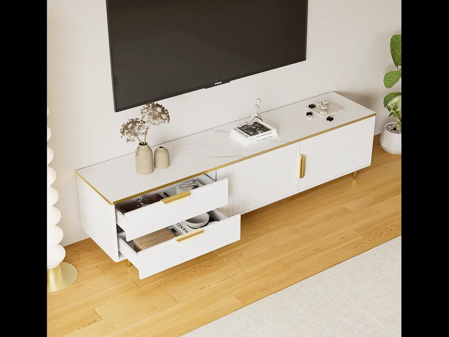 Mueble TV con almacenaje, 2 puertas y 2 cajones, mueble TV bajo, patas y tiradores dorados, color blanco