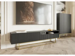 Mueble TV con compartimento abierto - 175 cm - negro con patas de metal dorado - VELDIO