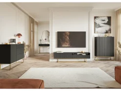 Mueble TV con compartimento abierto - 175 cm - negro con patas de metal dorado - VELDIO