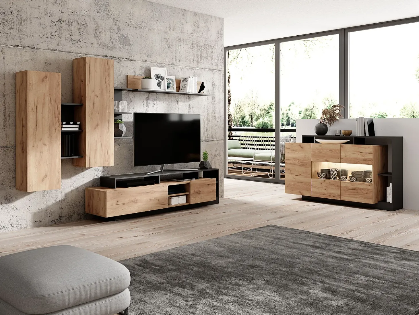 Mueble TV con compartimentos - Color natural y antracita - IDESIA