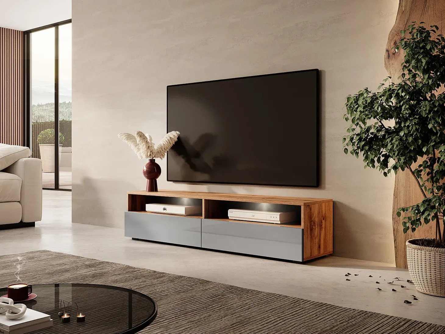 Mueble TV con dos cajones - Roble Wotan / Gris brillo - con iluminación LED - 140 cm - Rednaw