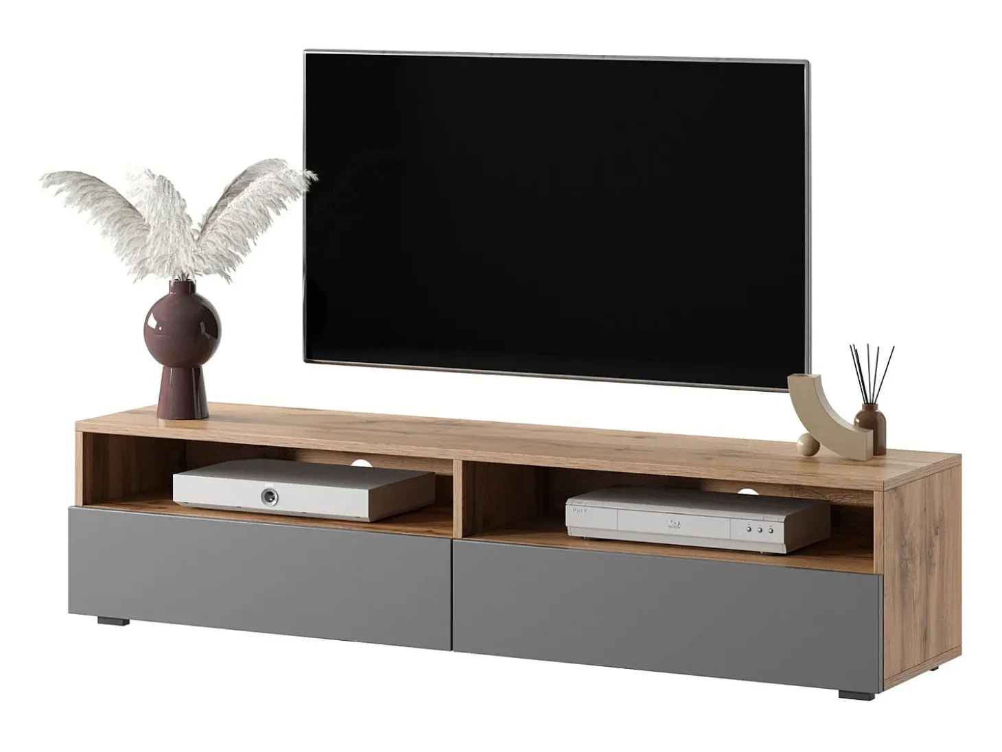 Mueble TV con dos cajones - Roble Wotan / Gris brillo - con iluminación LED - 140 cm - Rednaw