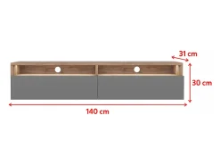 Mueble TV con dos cajones - Roble Wotan / Gris brillo - con iluminación LED - 140 cm - Rednaw