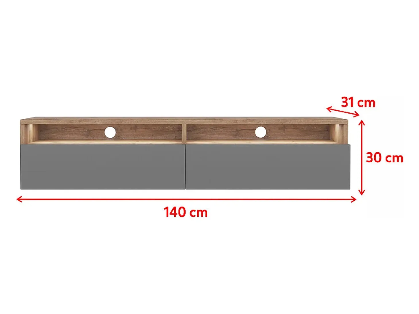 Mueble TV con dos cajones - Roble Wotan / Gris brillo - con iluminación LED - 140 cm - Rednaw