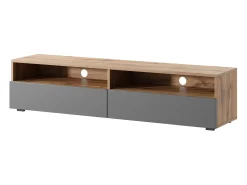 Mueble TV con dos cajones - Roble Wotan / Gris brillo - con iluminación LED - 140 cm - Rednaw