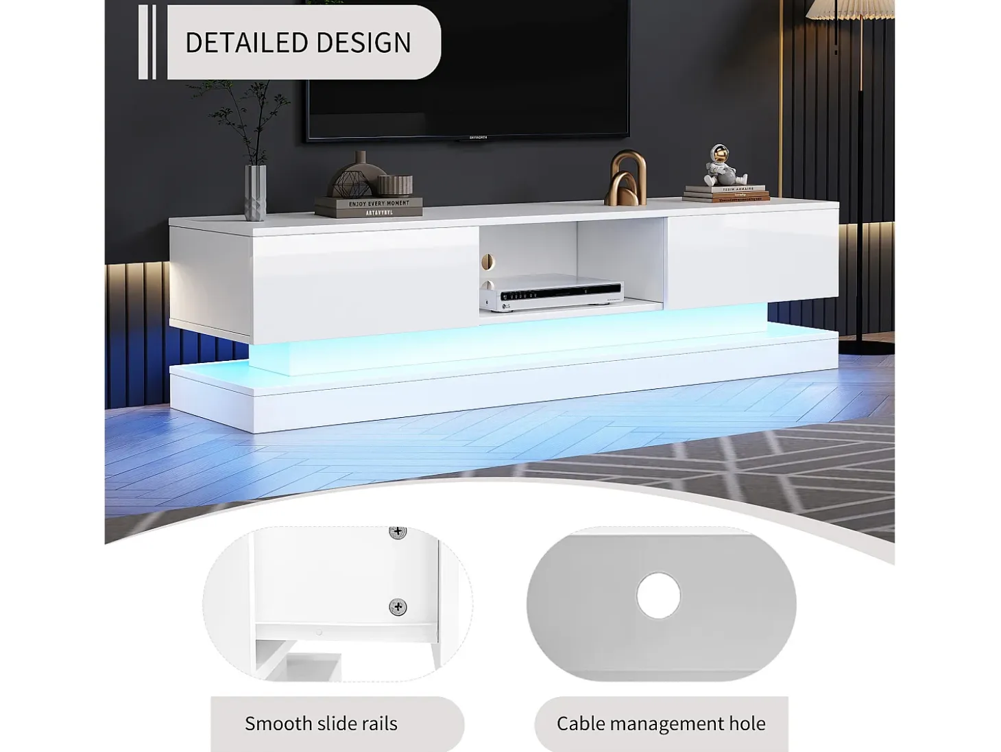 Mueble TV con LED 160 cm - 2 cajones y 1 compartimento abierto - apto para TV de 60" - Blanco