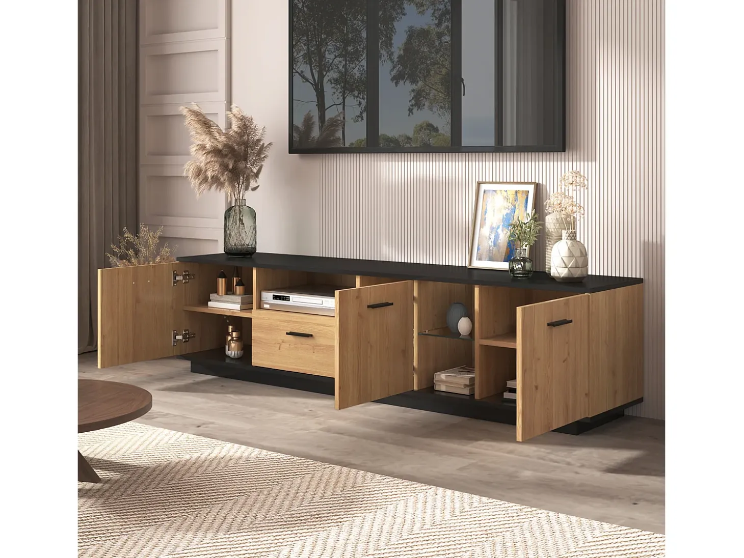 Mueble TV con LED 180cm - 1 cajón + 3 puertas + 2 compartimentos - Natural