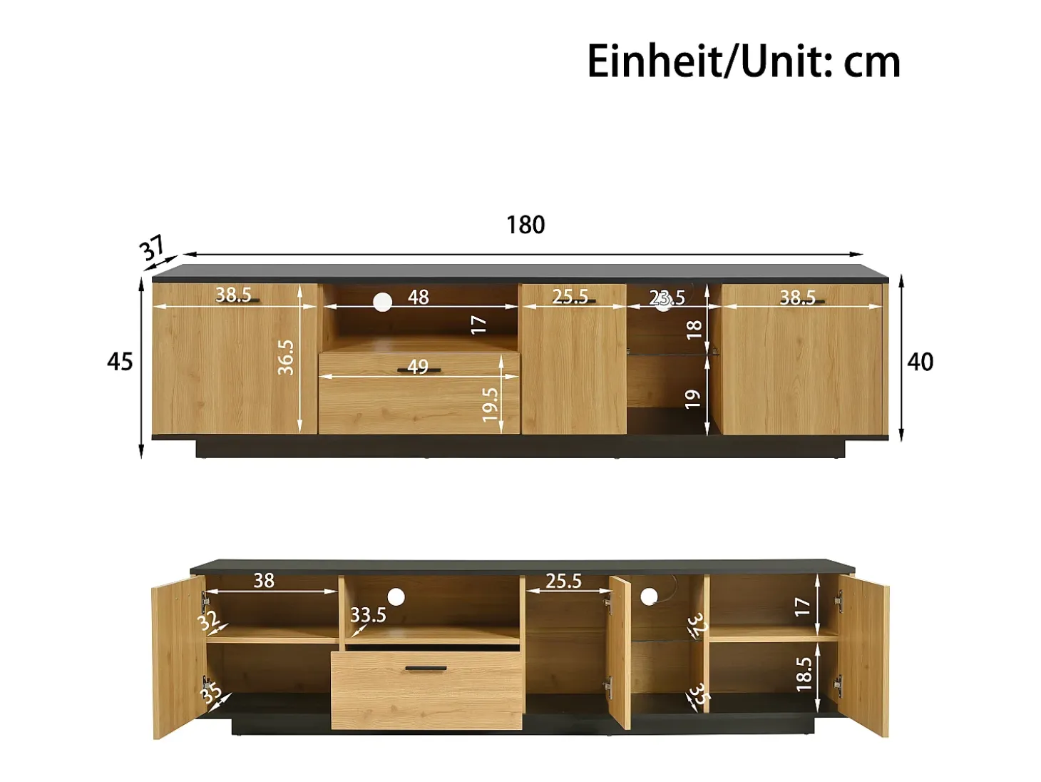 Mueble TV con LED 180cm - 1 cajón + 3 puertas + 2 compartimentos - Natural