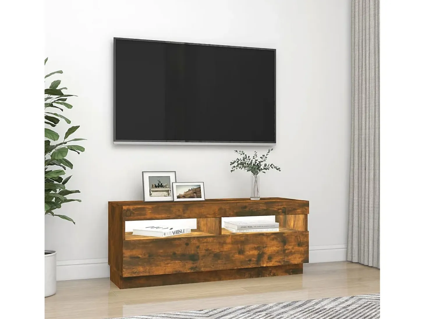Mueble TV con luces LED roble ahumado 100x35x40 cm YOE75662