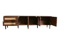 Mueble TV de 180 cm con iluminación LED - 2 cajones de ratán y 3 puertas - Marrón