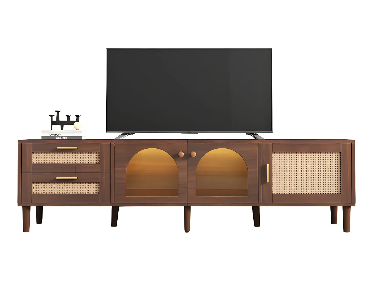Mueble TV de 180 cm con iluminación LED - 2 cajones de ratán y 3 puertas - Marrón