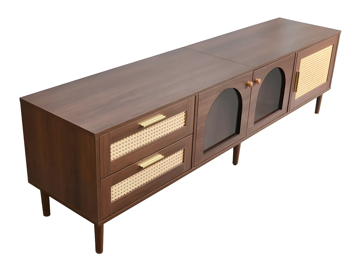 Mueble TV de 180 cm con iluminación LED - 2 cajones de ratán y 3 puertas - Marrón