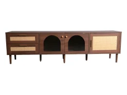 Mueble TV de 180 cm con iluminación LED - 2 cajones de ratán y 3 puertas - Marrón