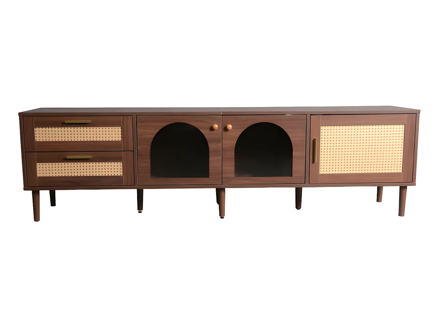 Mueble TV de 180 cm con iluminación LED - 2 cajones de ratán y 3 puertas - Marrón