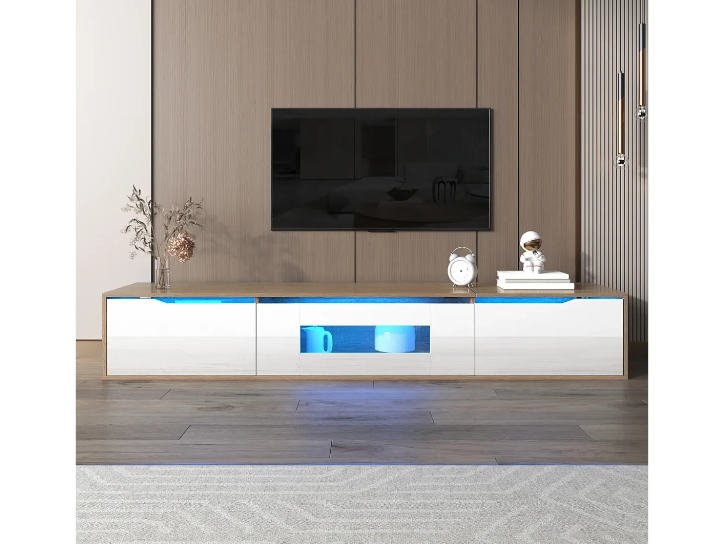 Mueble TV de 180 cm con luz LED que cambia de color - 3 compartimentos grandes - Blanco