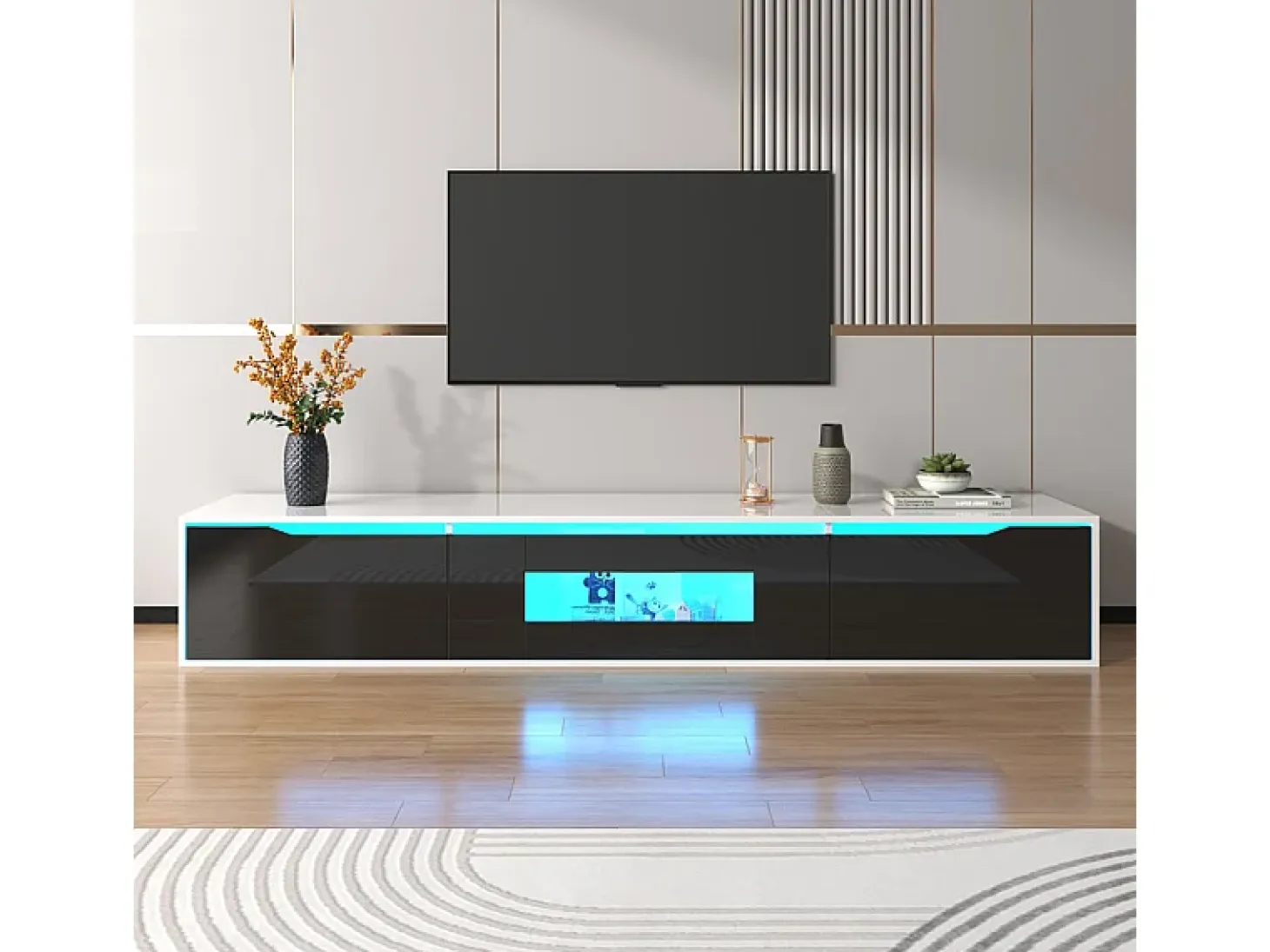 Mueble TV de 180 cm con luz LED que cambia de color - 3 compartimentos grandes - Negro