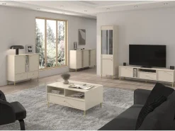 Mueble TV de 2 puertas con pies dorados - 121 cm - beige - OKTIO