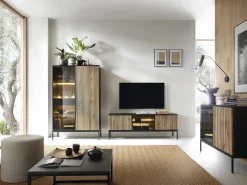Mueble TV de 3 puertas con LEDs de MDF y vidrio ahumado - Natural claro y Negro - OVILA