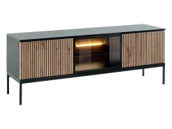 Mueble TV de 3 puertas con LEDs de MDF y vidrio ahumado - Natural claro y Negro - OVILA