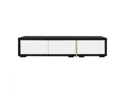 Mueble TV de 3 puertas, longitud regulable, frontal blanco brillo y laterales chapados efecto mármol negro - 140/260x40x30cm