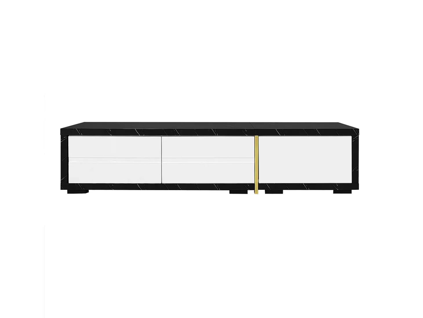 Mueble TV de 3 puertas, longitud regulable, frontal blanco brillo y laterales chapados efecto mármol negro - 140/260x40x30cm