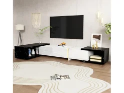 Mueble TV de 3 puertas, longitud regulable, frontal blanco brillo y laterales chapados efecto mármol negro - 140/260x40x30cm