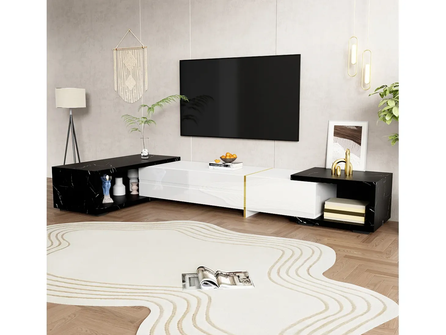 Mueble TV de 3 puertas, longitud regulable, frontal blanco brillo y laterales chapados efecto mármol negro - 140/260x40x30cm