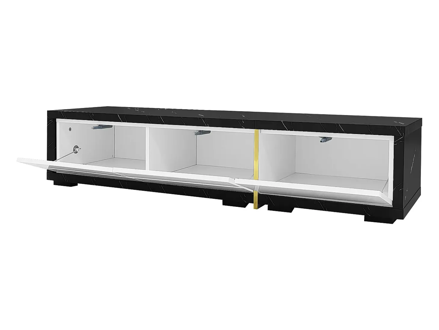 Mueble TV de 3 puertas, longitud regulable, frontal blanco brillo y laterales chapados efecto mármol negro - 140/260x40x30cm