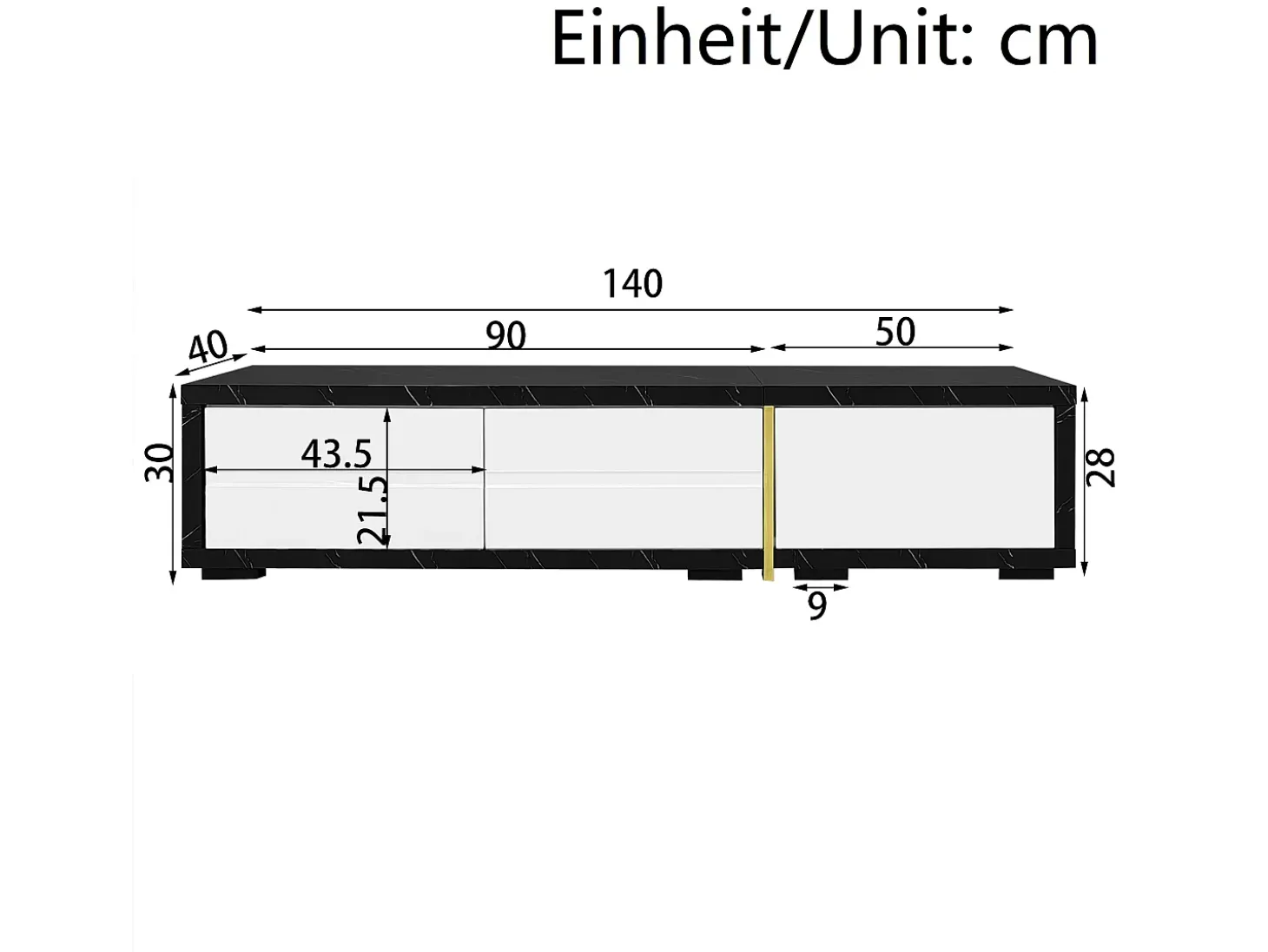 Mueble TV de 3 puertas, longitud regulable, frontal blanco brillo y laterales chapados efecto mármol negro - 140/260x40x30cm