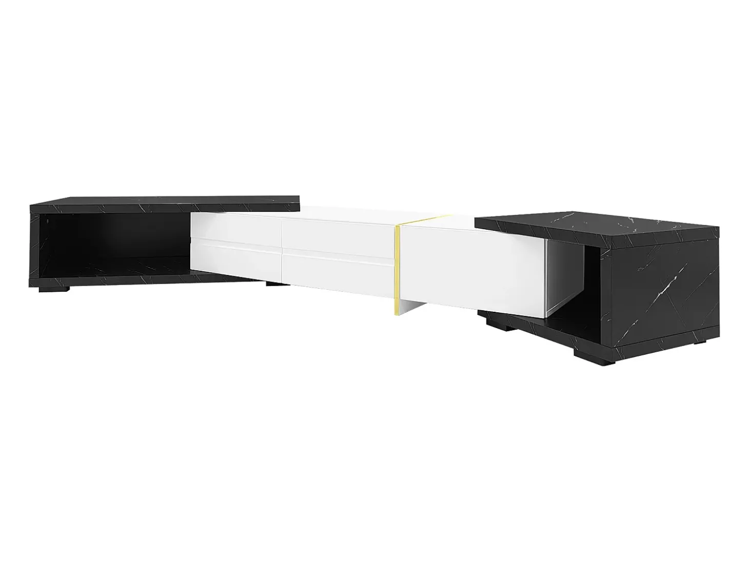 Mueble TV de 3 puertas, longitud regulable, frontal blanco brillo y laterales chapados efecto mármol negro - 140/260x40x30cm