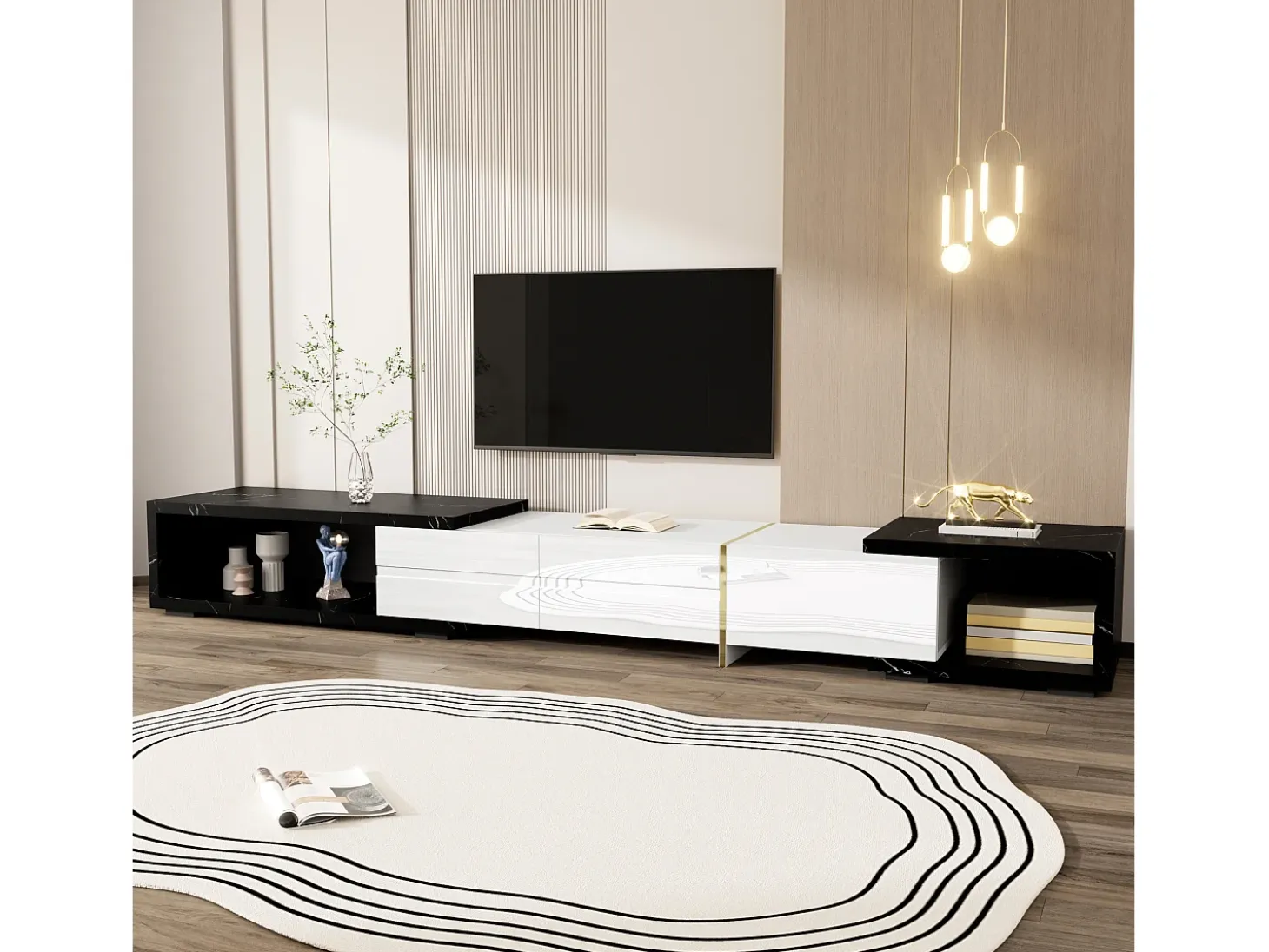 Mueble TV de 3 puertas, longitud regulable, frontal blanco brillo y laterales chapados efecto mármol negro - 140/260x40x30cm