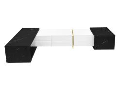 Mueble TV de 3 puertas, longitud regulable, frontal blanco brillo y laterales chapados efecto mármol negro - 140/260x40x30cm