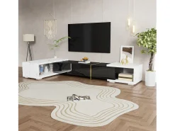 Mueble TV de 3 puertas, longitud regulable, frontal negro brillo y laterales chapados efecto mármol blanco - 140/260x40x30cm
