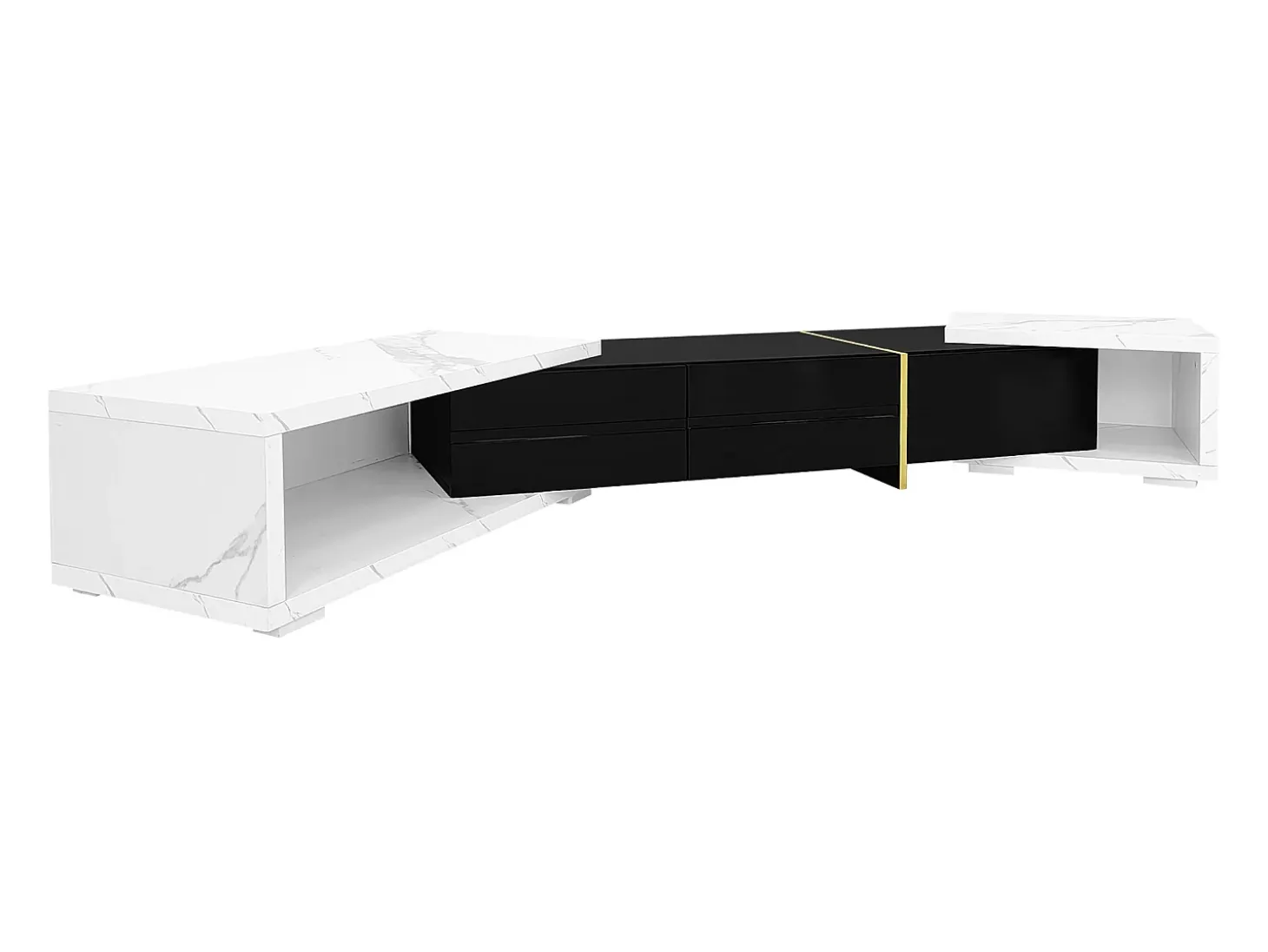 Mueble TV de 3 puertas, longitud regulable, frontal negro brillo y laterales chapados efecto mármol blanco - 140/260x40x30cm