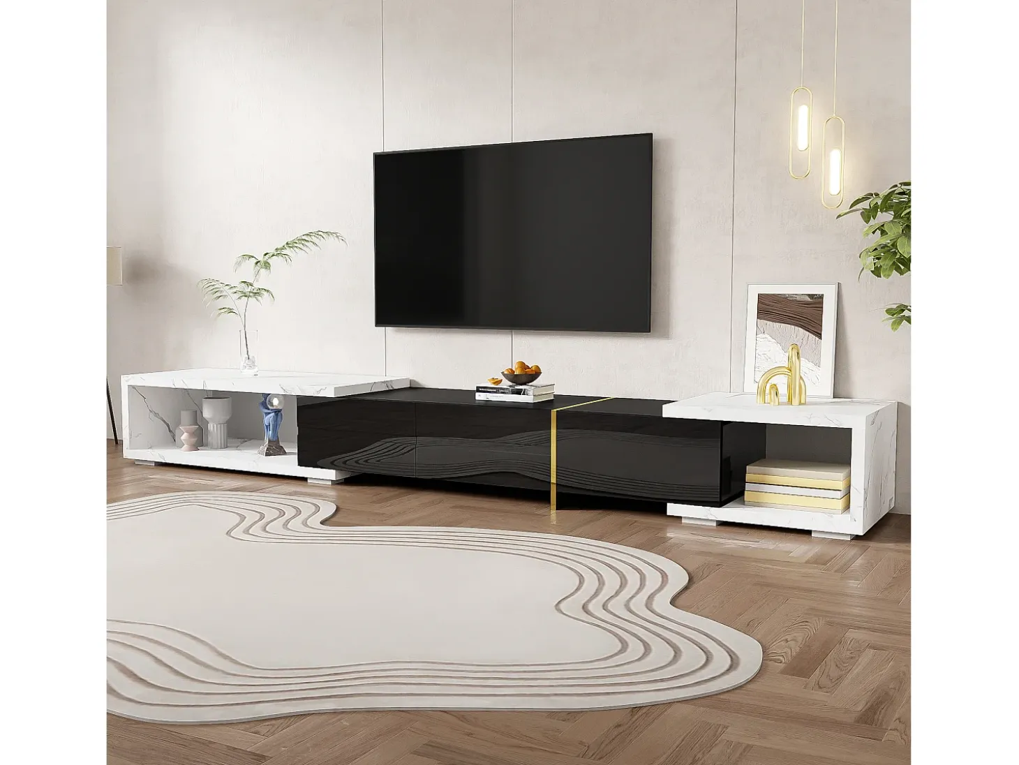 Mueble TV de 3 puertas, longitud regulable, frontal negro brillo y laterales chapados efecto mármol blanco - 140/260x40x30cm