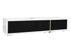 Mueble TV de 3 puertas, longitud regulable, frontal negro brillo y laterales chapados efecto mármol blanco - 140/260x40x30cm